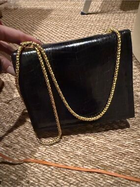 Neiman Marcus Black Croc-Embossed Crossbody with Gold Chain